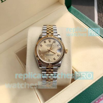 Swiss Clone Rolex Datejust 31mm Gold Dial Diamond Bezel Ladies Two-tone Jubilee Watch 